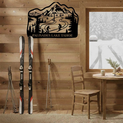 Wooden cabin interior with skis, chair, and scenic wall art of Palisades Lake Tahoe.