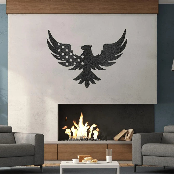 Black metal wall art of a patriotic eagle with stars on its wing, displayed above a modern fireplace.