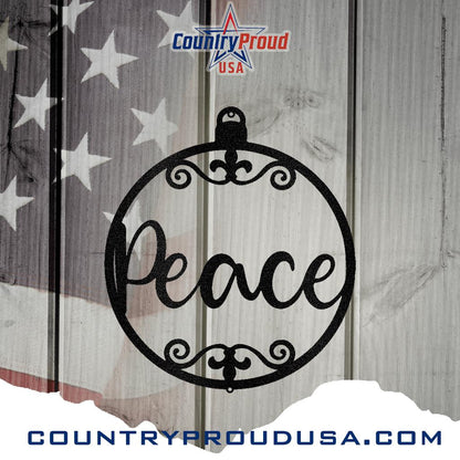 Black powder-coated steel "Peace" ornament metal wall art on a rustic wood and flag background.