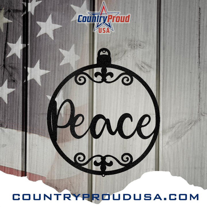Black powder-coated steel "Peace" ornament metal wall art on a rustic wood and flag background.