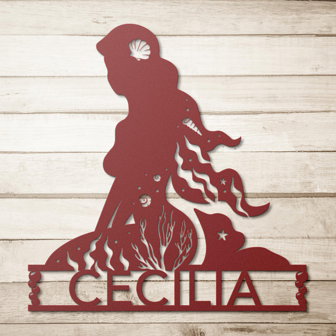Personalized_Mermaid_Metal_Wall_Art_Red_Simple_Wood_BKGD_Mockup