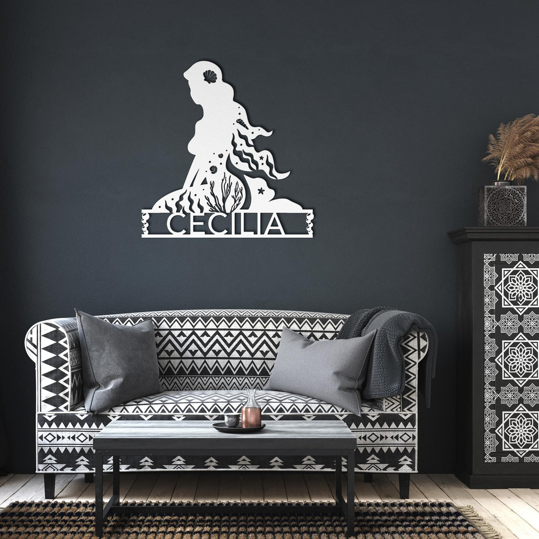 Personalized_Mermaid_Metal_Wall_Art_White_Dark_Living_Room_Mockup