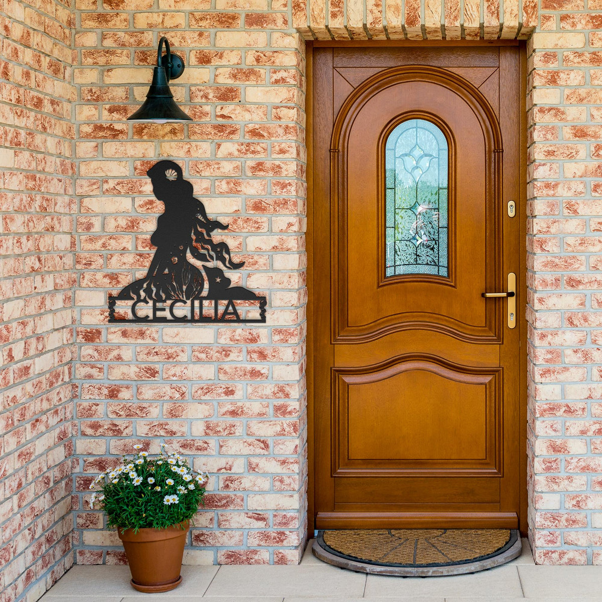 Personalized_Mermaid_Metal_Wall_Art_Black_Brick_Entrance_Mockup