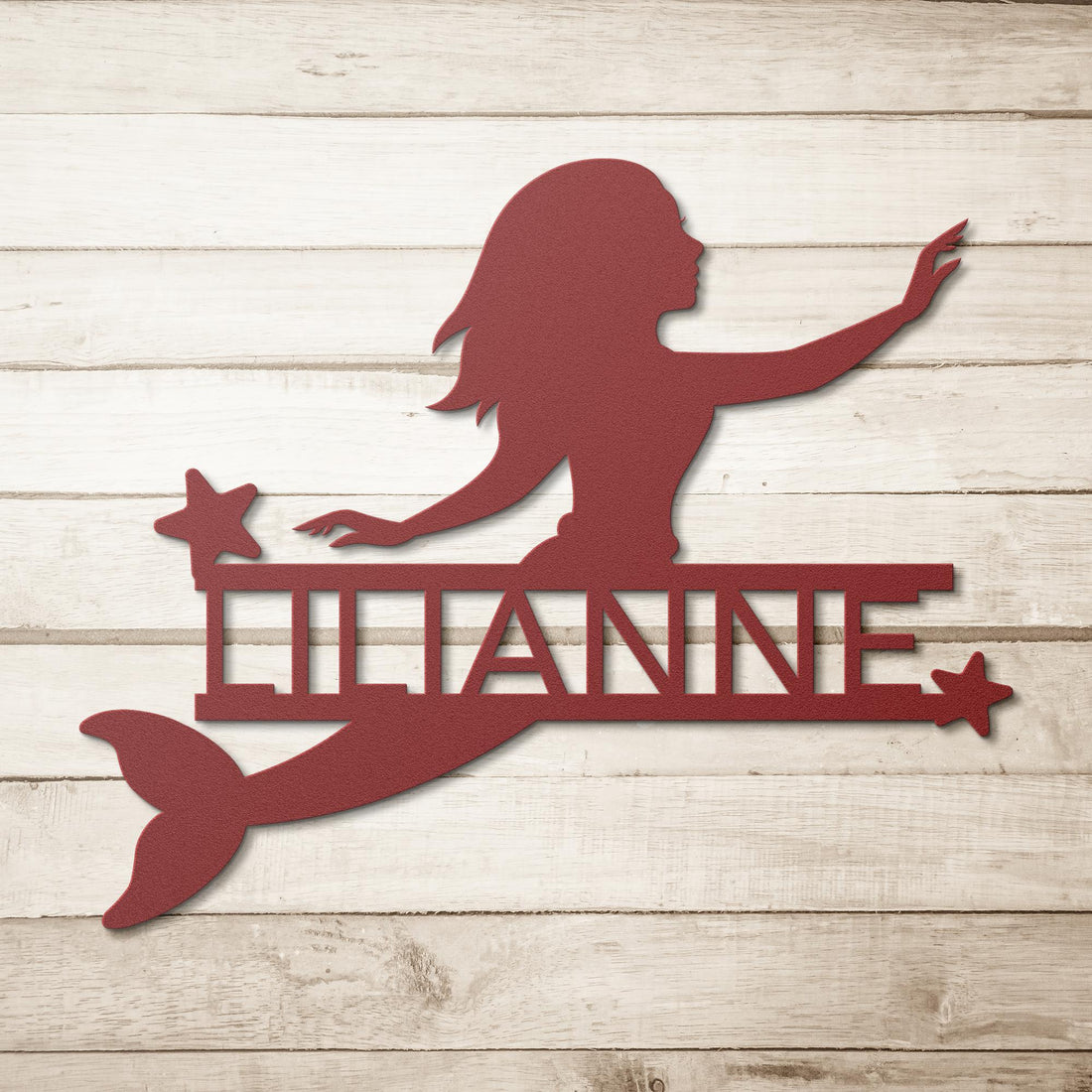 Personalized_Mermaid__Stars_Metal_Wall__Red_Simple_Wood_BKGD_Mockup