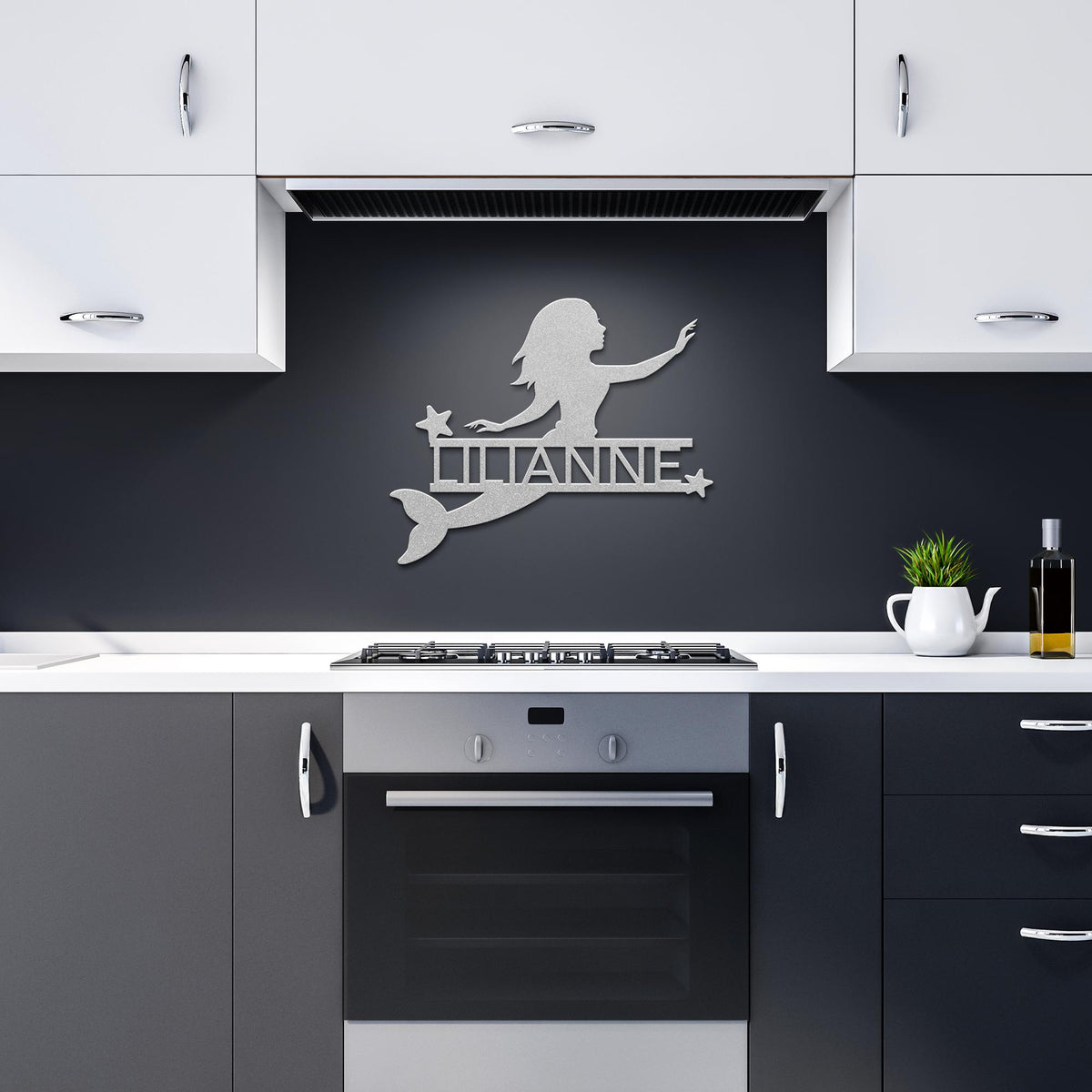 Personalized_Mermaid__Stars_Metal_Wall__Silver_Dark_Kitchen_Mockup