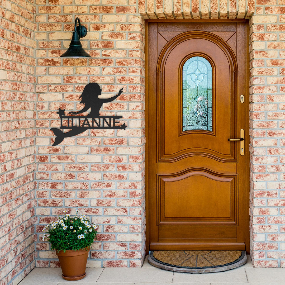 Personalized_Mermaid__Stars_Metal_Wall__Black_Brick_Entrance_Mockup