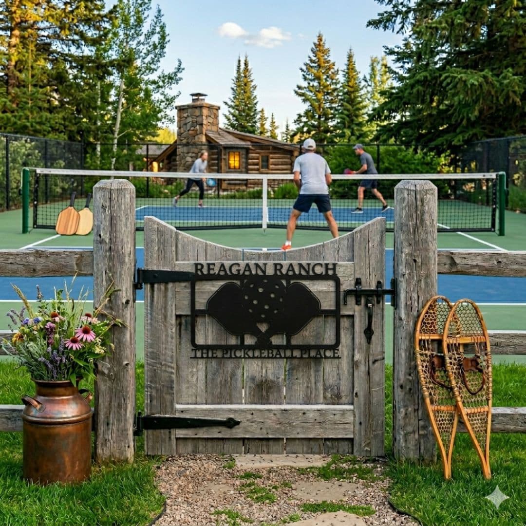Wooden gate with 'Reagan Ranch' sign in a scenic outdoor setting with people playing tennis.