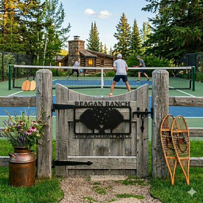 Wooden gate with 'Reagan Ranch' sign in a scenic outdoor setting with people playing tennis.