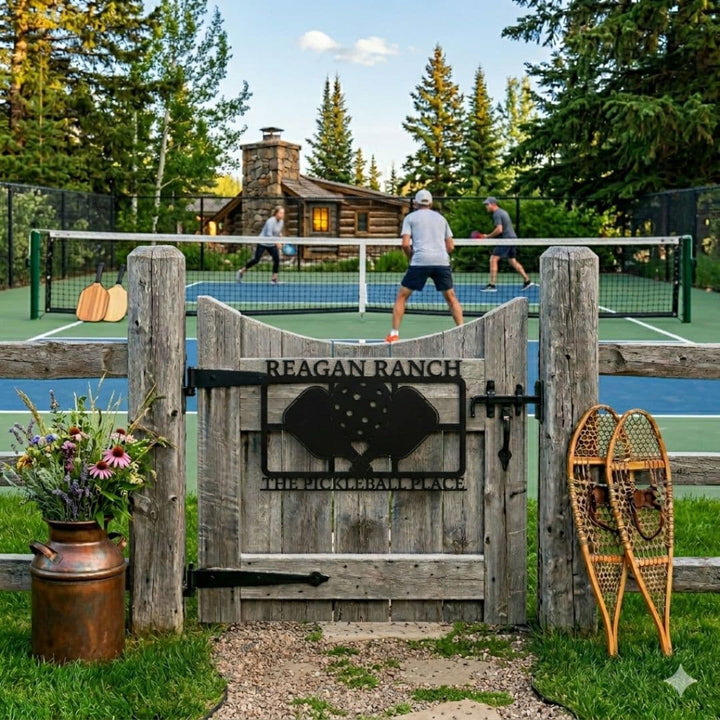 Wooden gate with 'Reagan Ranch' sign in a scenic outdoor setting with people playing tennis.
