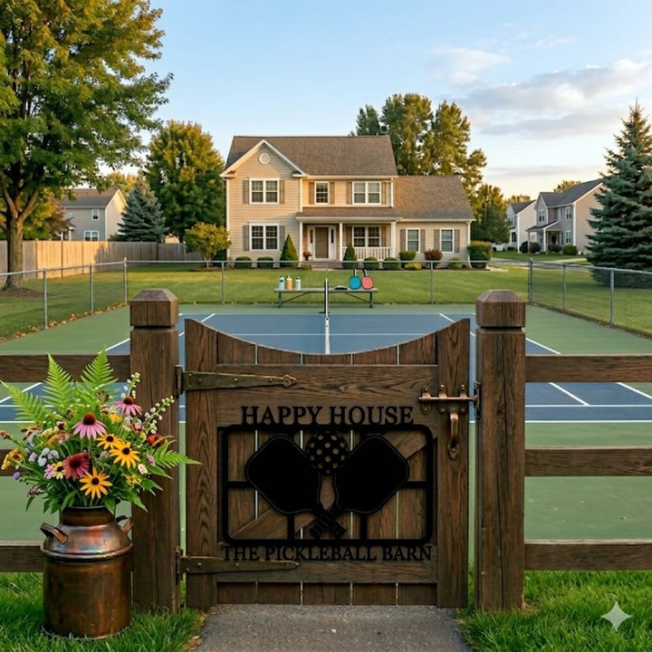 Wooden gate with 'Happy House The Pickleball Barn' sign in front of a house with a tennis court.