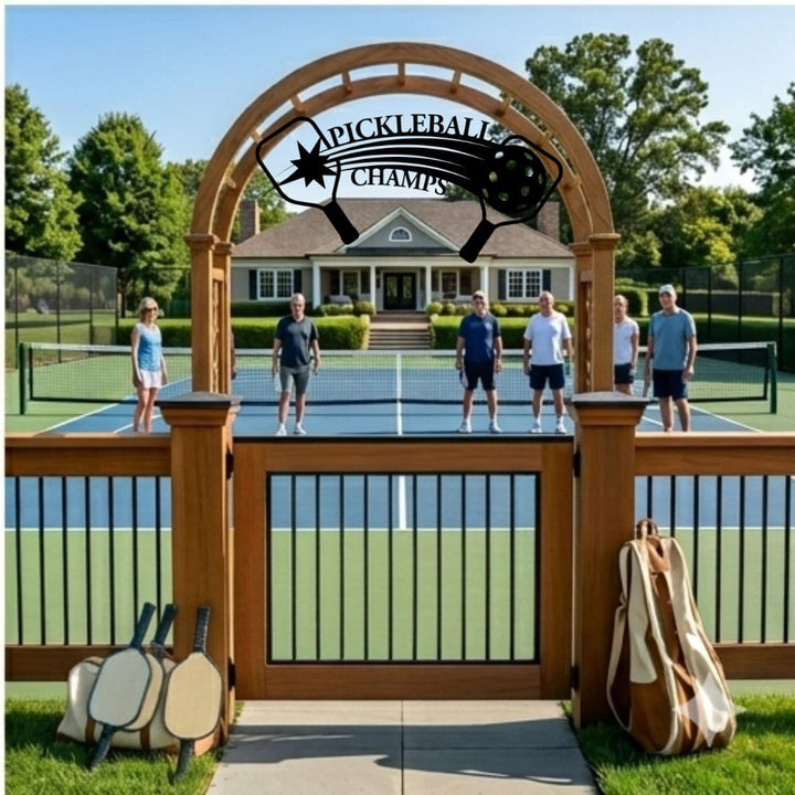 Pickleball court with players and a wooden archway with 'Pickleball Champs' logo.