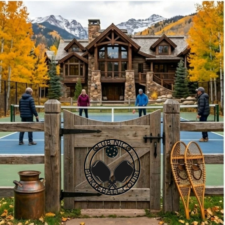 Wooden gate with a logo in front of a large wooden house with mountains in the background