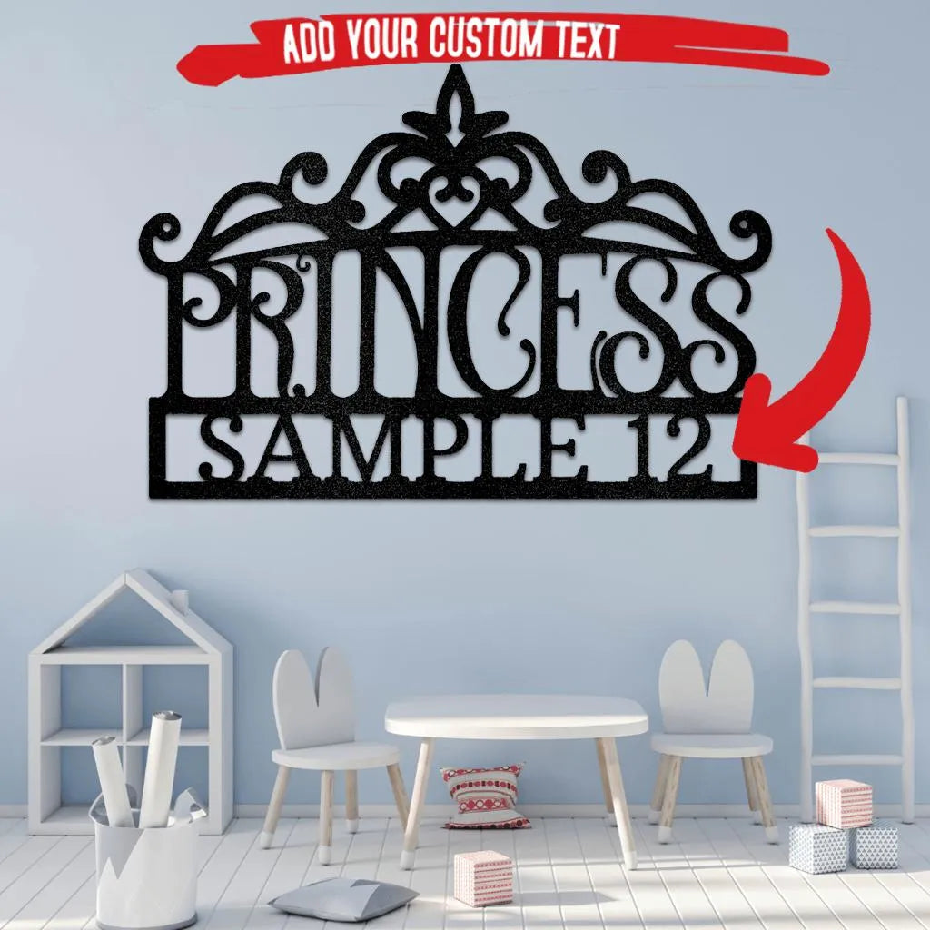 Black metal princess crown monogram wall art with "PRINCESS SAMPLE 12" text.