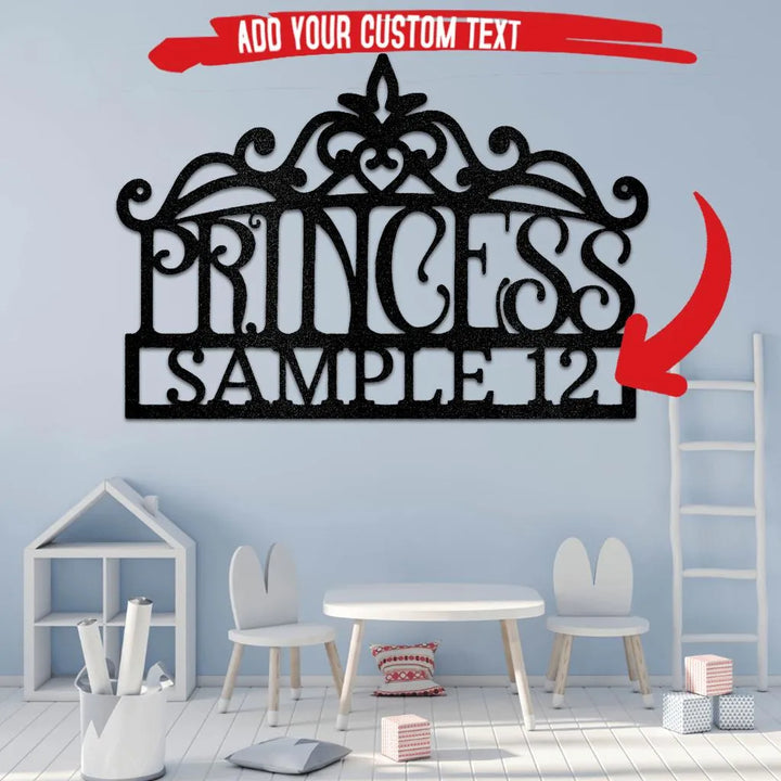 Black metal princess crown monogram wall art with "PRINCESS SAMPLE 12" text.