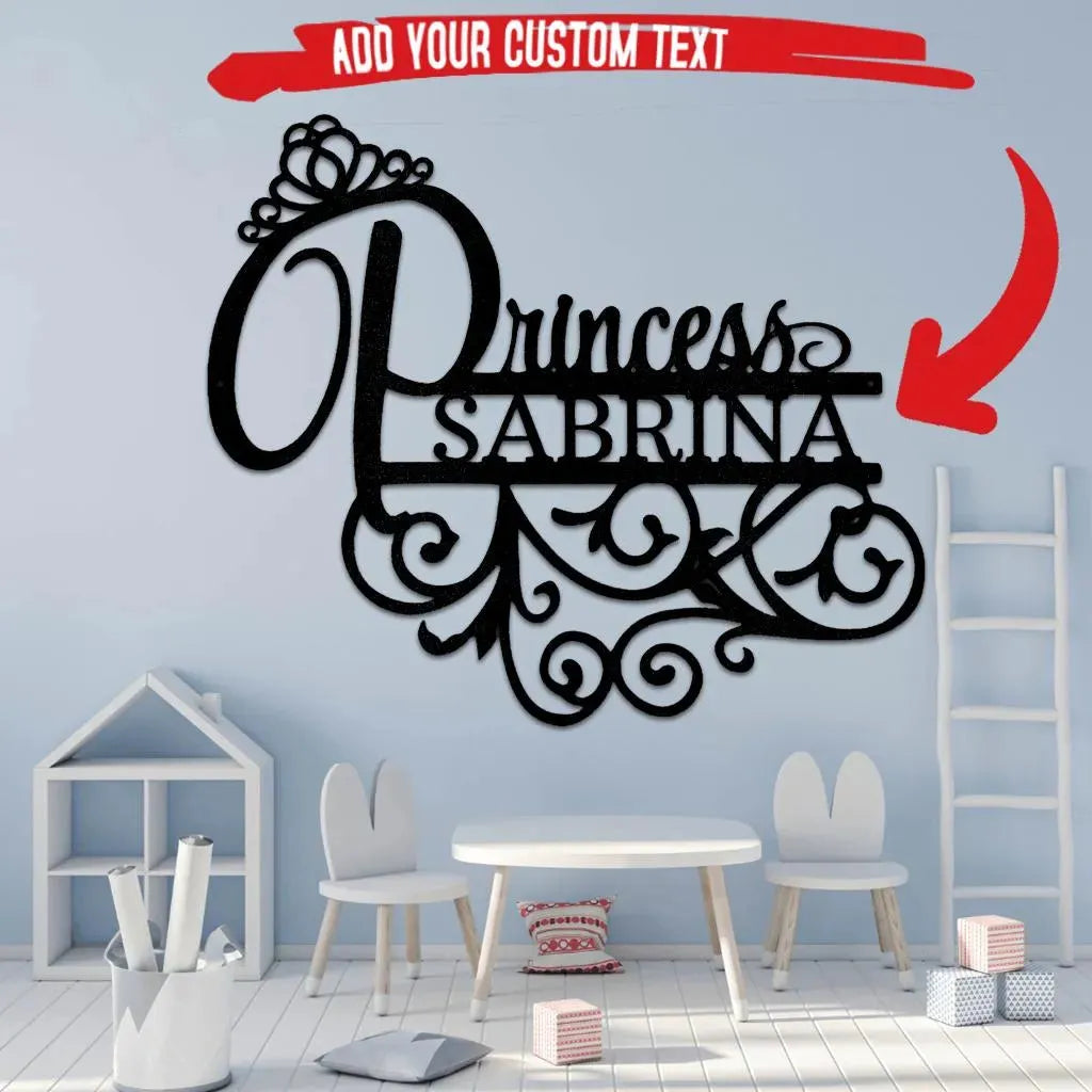 Black metal Princess Sabrina monogram wall art with crown and scroll details, perfect for a child's room.