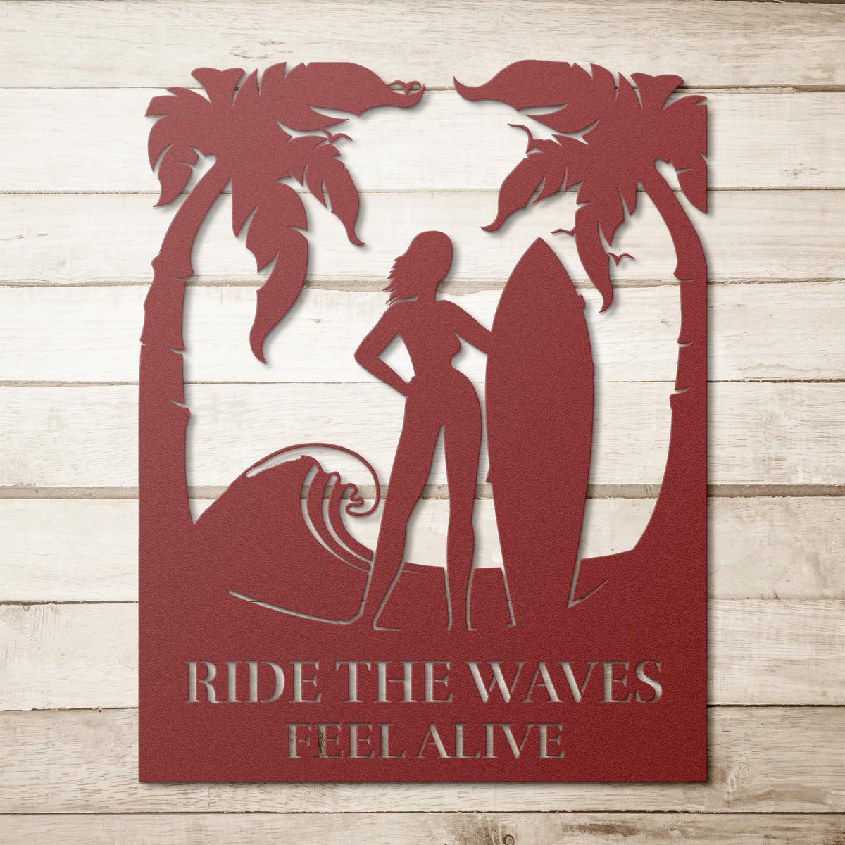 Ride_the_Waves_Feel_Alive_Metal_Wall_Art_Red_Simple_Wood_BKGD_Mockup