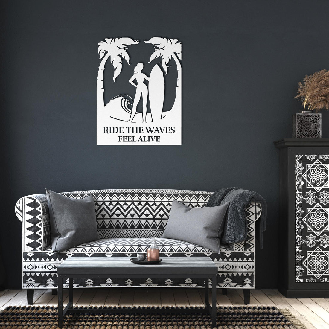 Ride_the_Waves_Feel_Alive_Metal_Wall_Art_White_Dark_Living_Room_Mockup