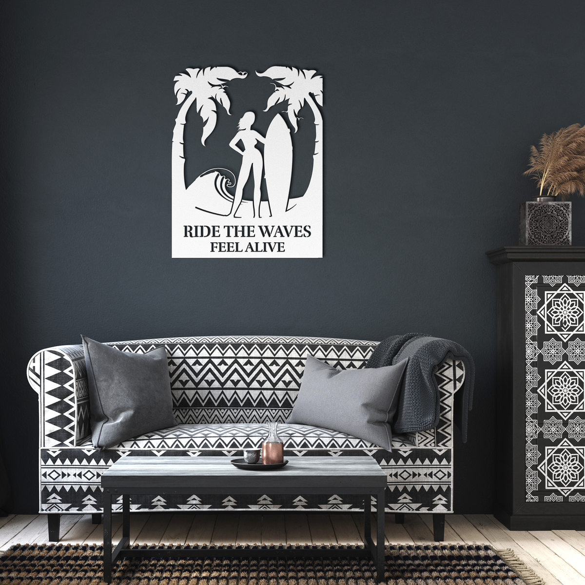 Ride_the_Waves_Feel_Alive_Metal_Wall_Art_White_Dark_Living_Room_Mockup.png