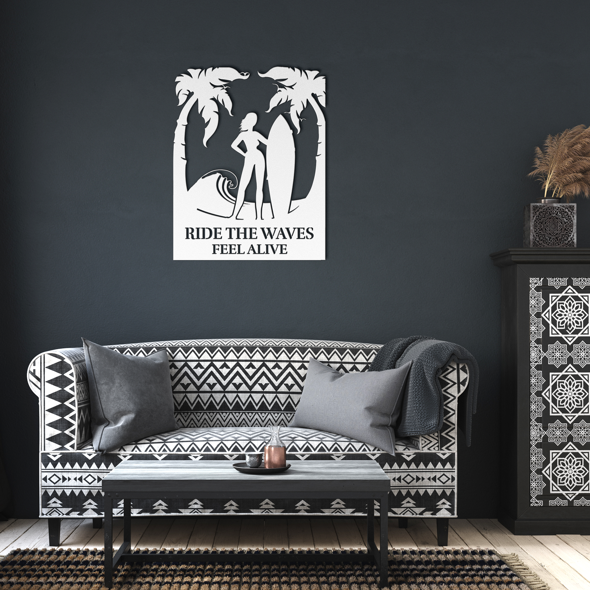 Ride_the_Waves_Feel_Alive_Metal_Wall_Art_White_Dark_Living_Room_Mockup.png
