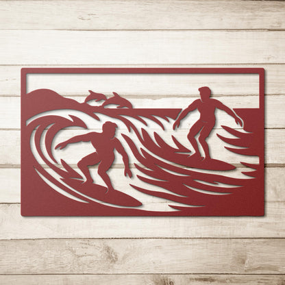 Riding_the_Waves_Surfers_Metal_Wall_Art_Red_Simple_Wood_BKGD_Mockup.png