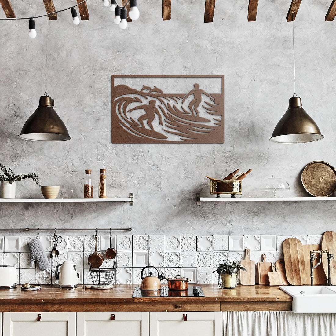 Riding_the_Waves_Surfers_Metal_Wall_Art_Copper_Rustic_Kitchen_Mockup.png