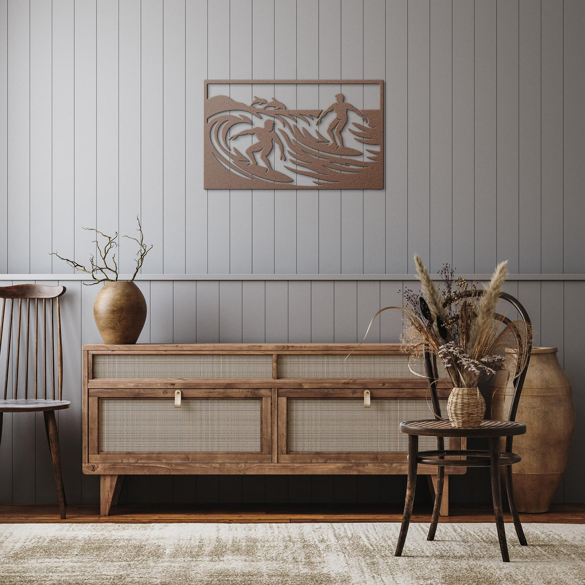 Riding_the_Waves_Surfers_Metal_Wall_Art_Copper_Rustic_Hallway_Mockup.png