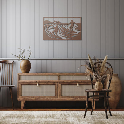 Riding_the_Waves_Surfers_Metal_Wall_Art_Copper_Rustic_Hallway_Mockup.png