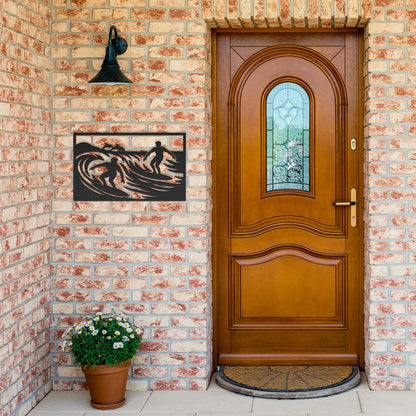 Riding_the_Waves_Surfers_Metal_Wall_Art_Black_Brick_Entrance_Mockup.png