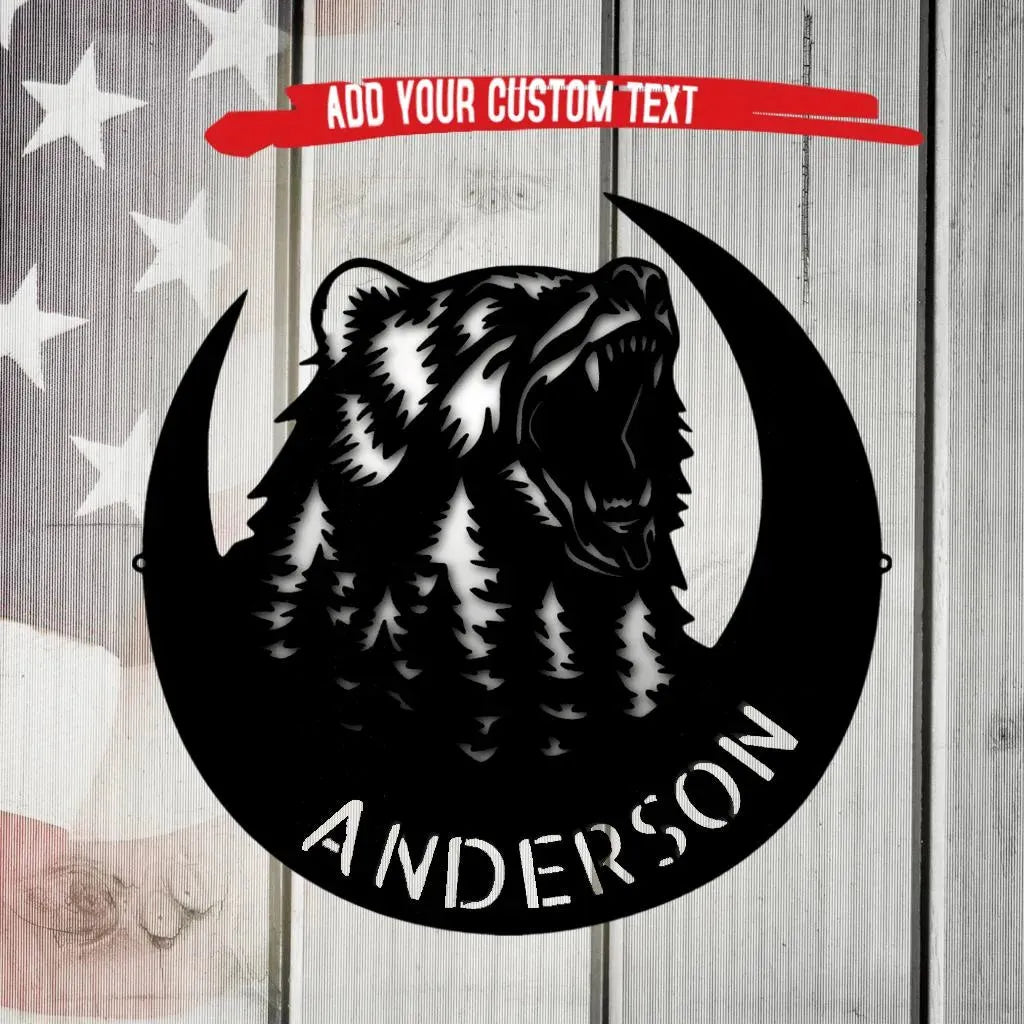 Black metal roaring bear and forest crescent moon monogram sign with "ANDERSON" text.