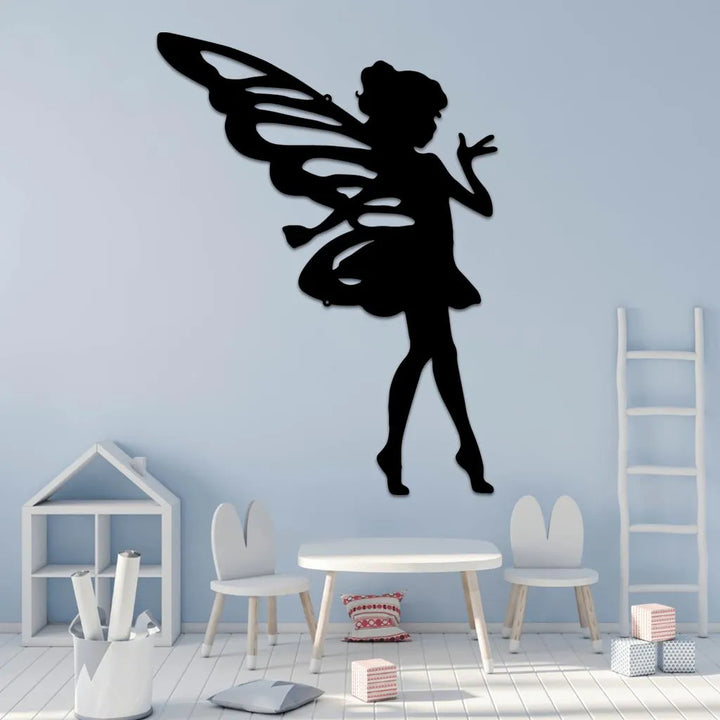 Black metal silhouette of a sassy pixie fairy with wings, perfect for a child's room.