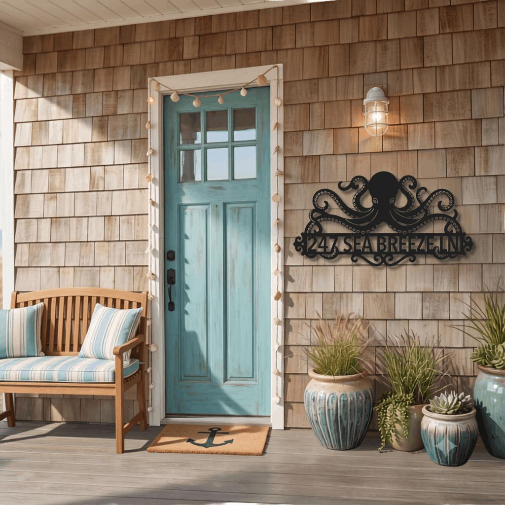A turquoise front door set in a coastal-style porch with brown shingled walls, a wooden bench with striped cushions, potted plants, and a black octopus wall sign reading '247 SEA BREEZELN'.