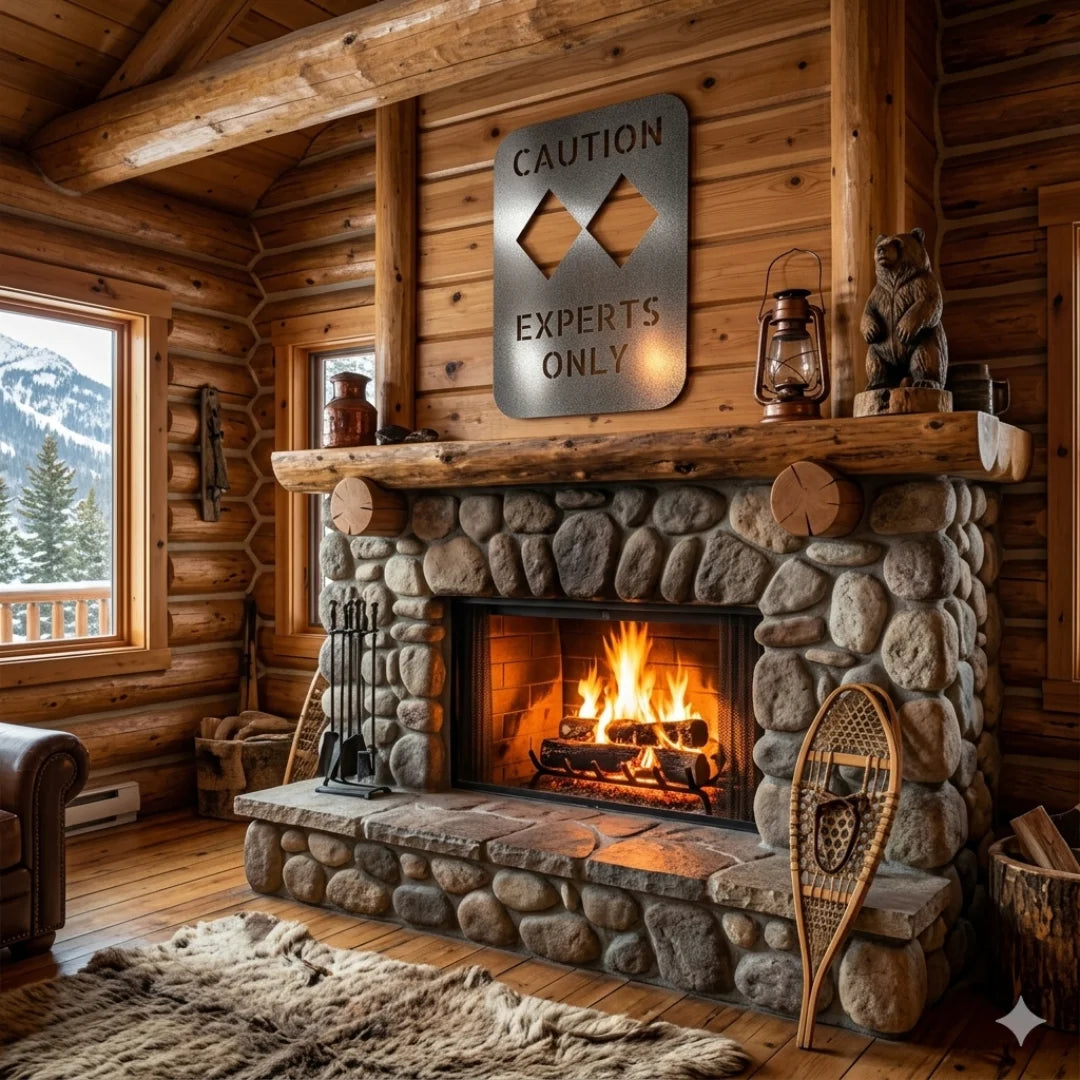 Log cabin interior with stone fireplace, snowshoe, and 'Experts Only' sign.