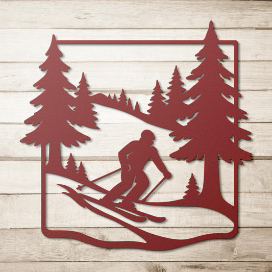 Skier_in_Pine_Forest_Metal_Wall_Art_Red_Simple_Wood_BKGD_Mockup.png