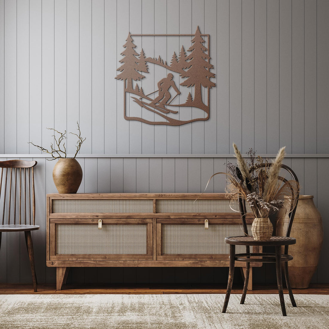 Skier_in_Pine_Forest_Metal_Wall_Art_Copper_Rustic_Hallway_Mockup.png