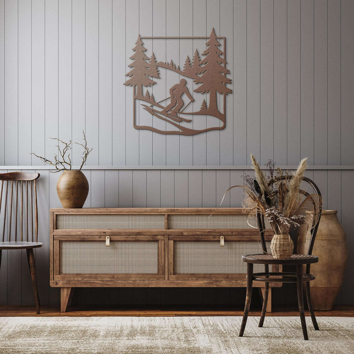 Skier_in_Pine_Forest_Metal_Wall_Art_Copper_Rustic_Hallway_Mockup.png
