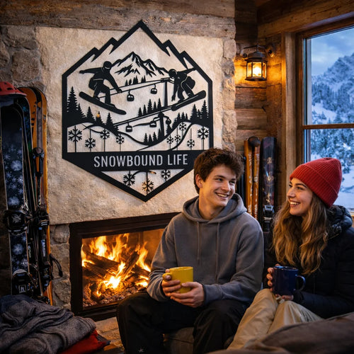 Two people sitting by a fireplace with ski equipment and a 'Snowbound Life' sign in the background.