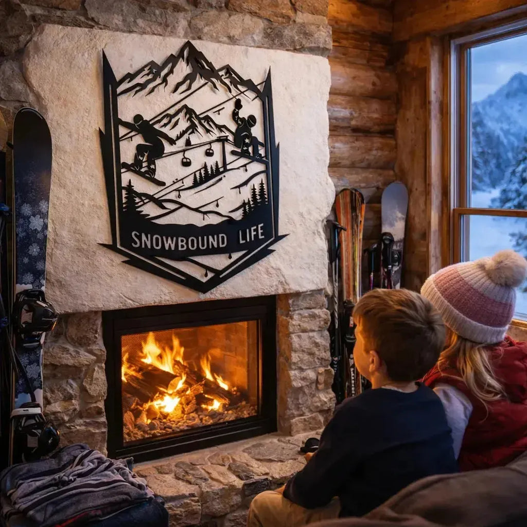 Two children sitting by a stone fireplace with a 'Snowbound Life' sign above it, in a cabin setting.