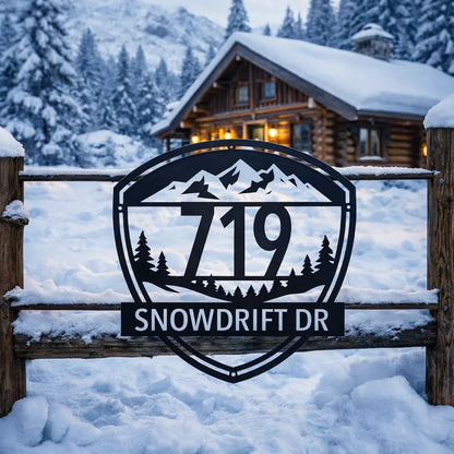 Metal sign with '719 SNOWDRIFT DR' in front of a snow-covered cabin.