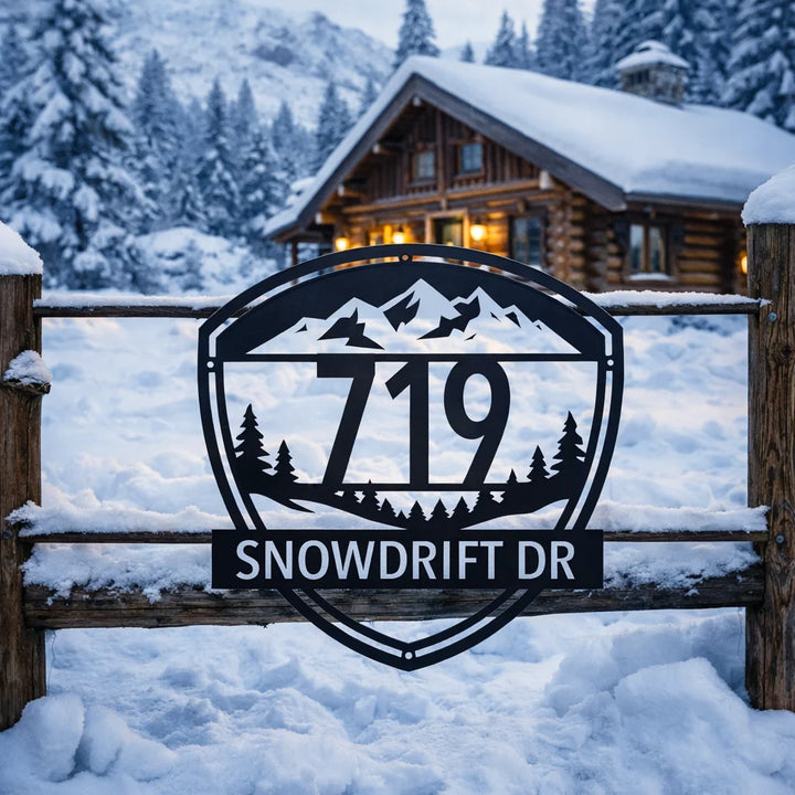 Metal sign with '719 SNOWDRIFT DR' in front of a snow-covered cabin.