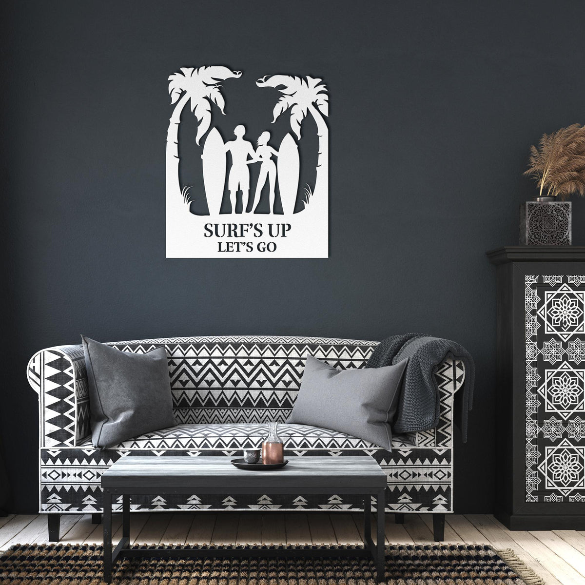 Surfs_Up_Lets_Go_Metal_Wall_Art_White_Dark_Living_Room_Mockup