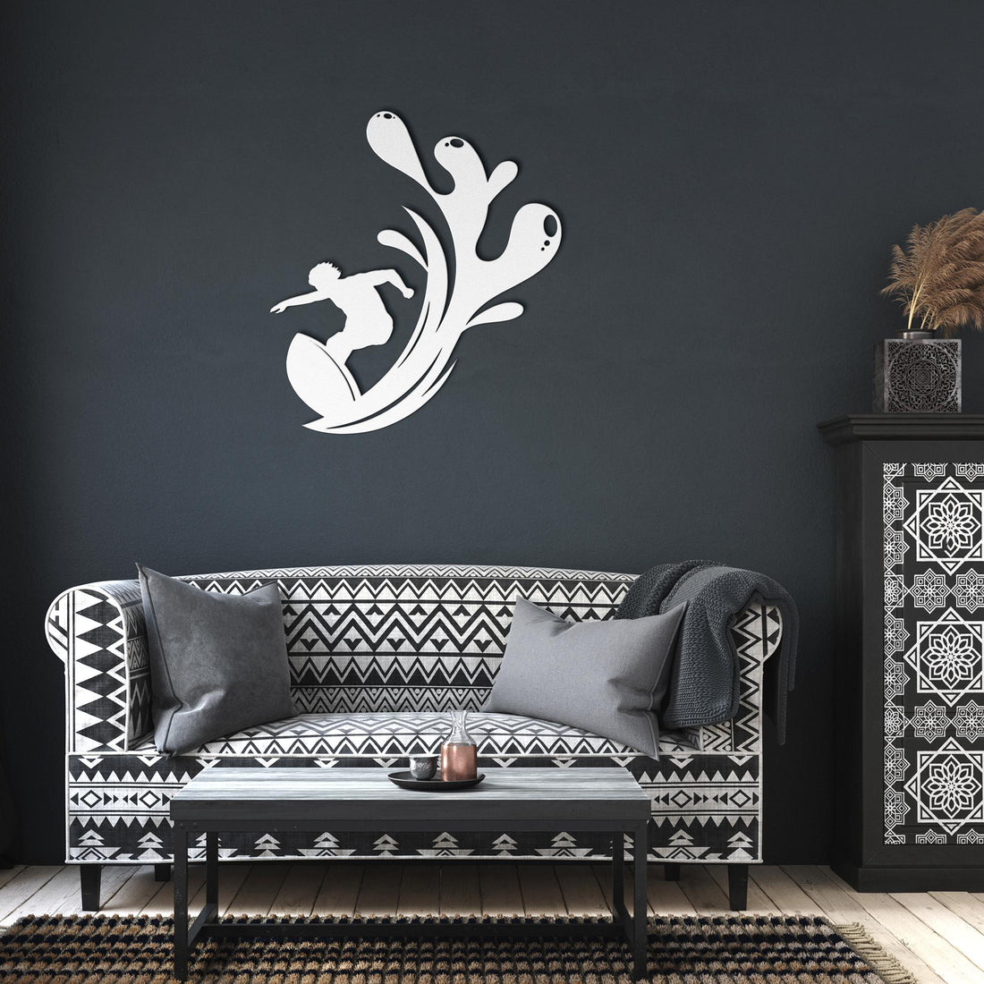 Surfer_Splash_Metal_Wall_Art_White_Dark_Living_Room_Mockup