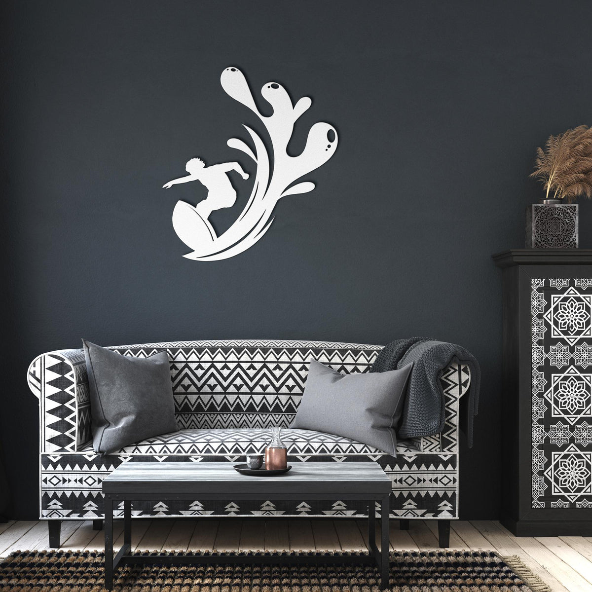 Surfer_Splash_Metal_Wall_Art_White_Dark_Living_Room_Mockup
