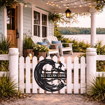 Cottage porch with '303 Ocean Drive' sign, chairs, and a view of a lake.