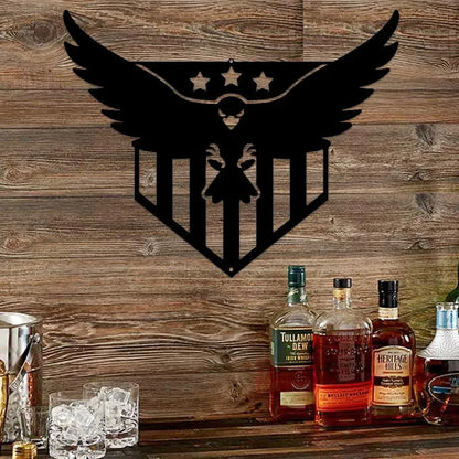 Black metal wall art of a swooping eagle with stars and stripes, mounted on a rustic wood wall.