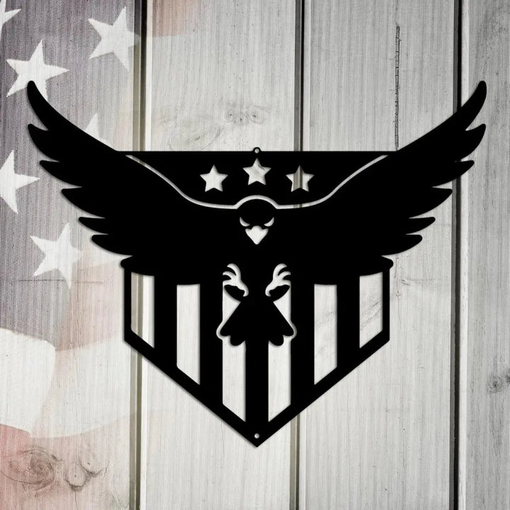 Black metal wall art featuring a swooping eagle with three stars above a striped shield, on a rustic American flag background.