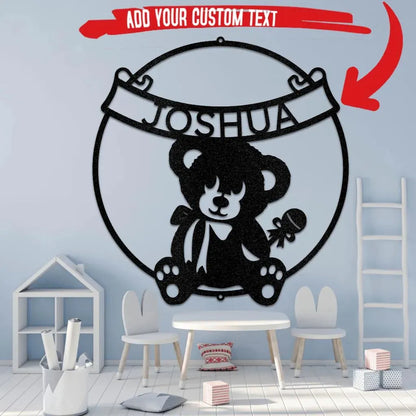 Black metal teddy bear banner monogram wall art with "JOSHUA" text.
