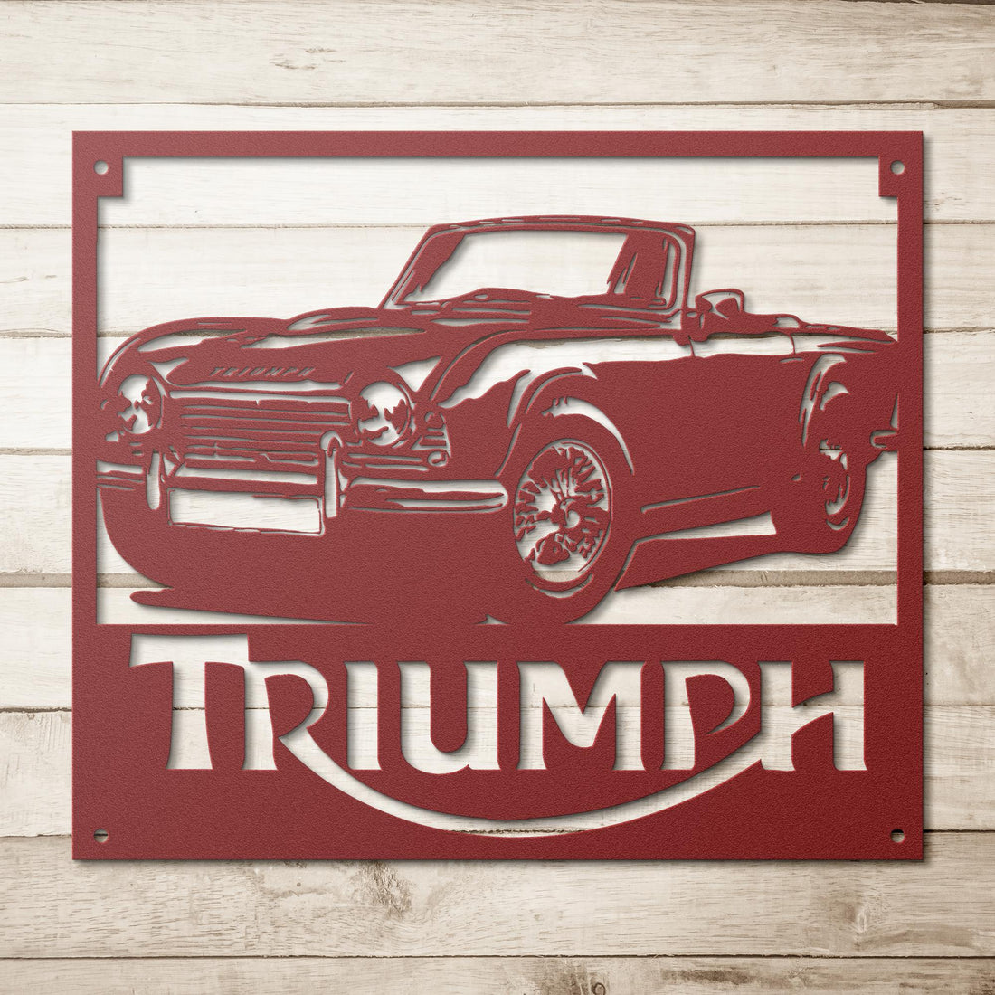 Triumph_TR4_Metal_Wall_Art_Red_Simple_Wood_BKGD_Mockup