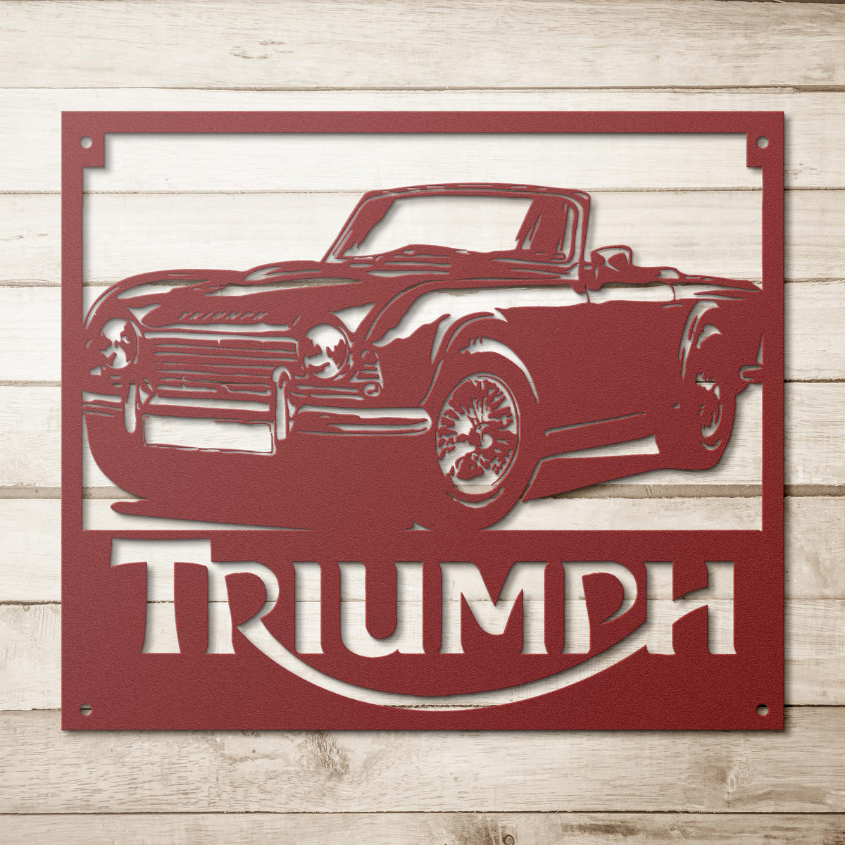 Triumph_TR4_Metal_Wall_Art_Red_Simple_Wood_BKGD_Mockup