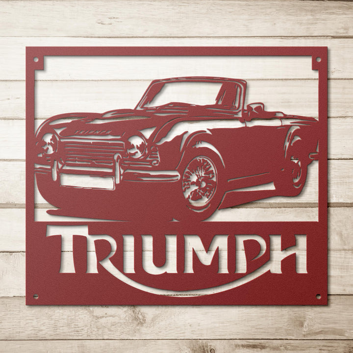 Triumph_TR4_Metal_Wall_Art_Red_Simple_Wood_BKGD_Mockup