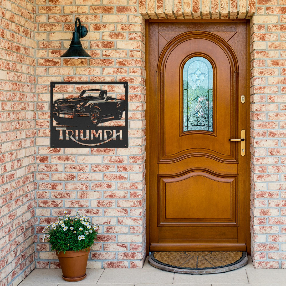 Triumph_TR4_Metal_Wall_Art_Black_Brick_Entrance_Mockup